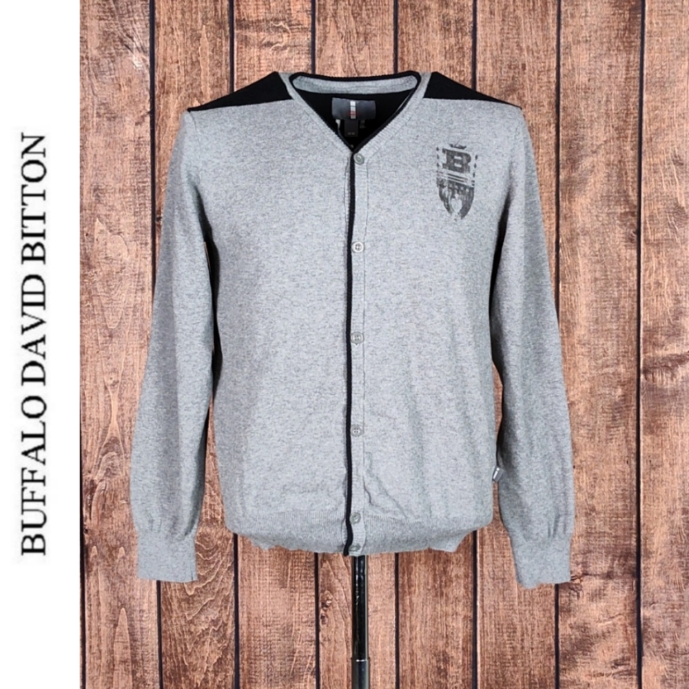 Buffalo David Bitton Heather Gray and Black Mens Cardigan Sweater